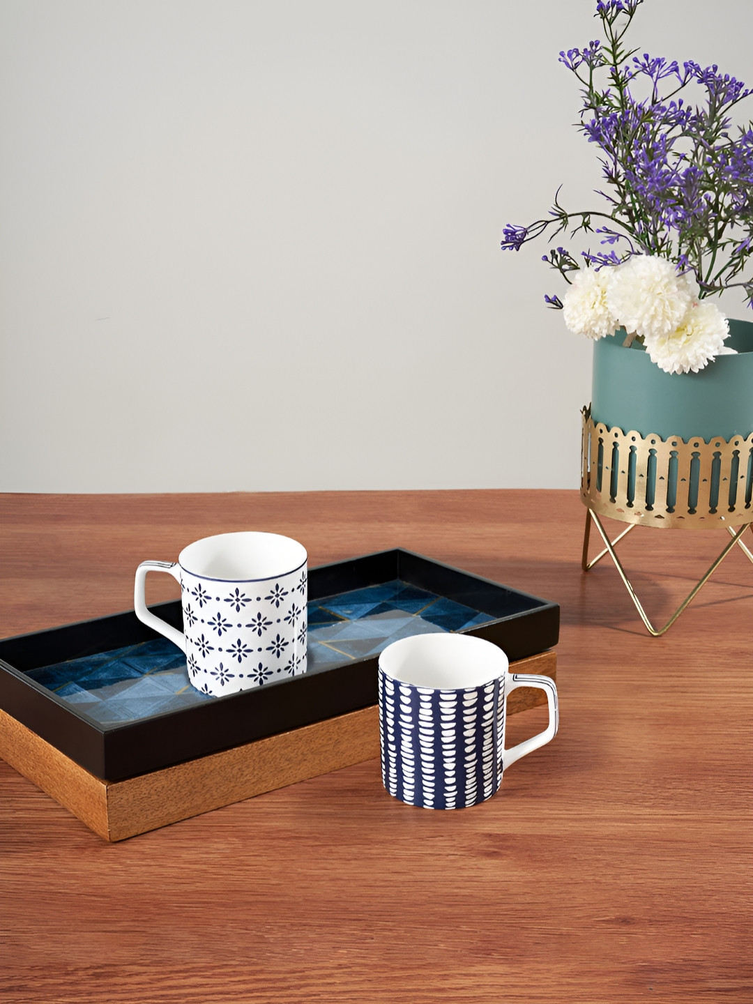 Living scapes by Pantaloons Navy Blue Floral Bone China Microwave Safe 2 Piece Mugs-350ml