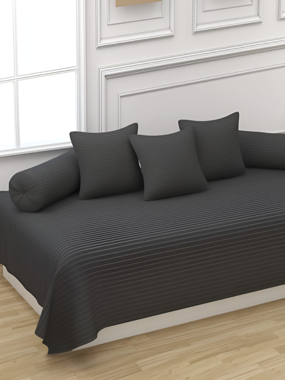 Trance Home Linen 6-Pcs Dark Grey Striped Cotton Diwan Set