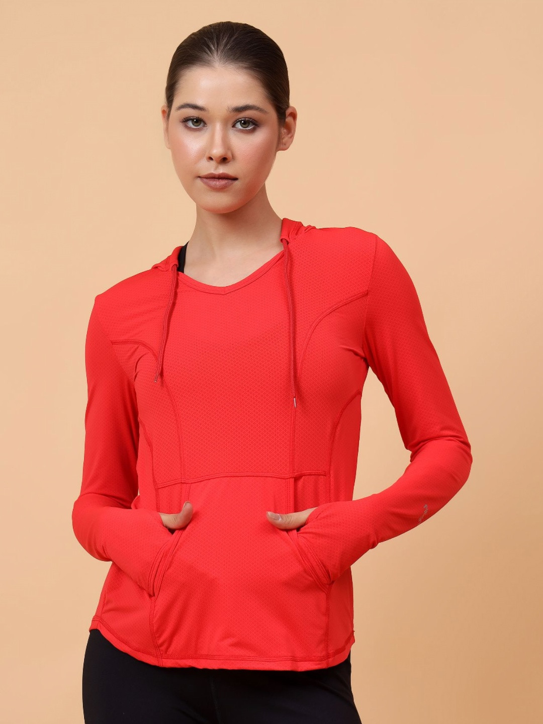 Fitkin Women's Red Self Design Long Sleeve Hooded T-shirt