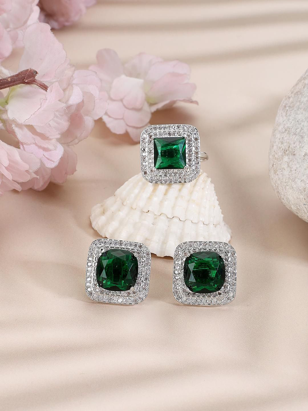 ANIKAS CREATION Silver-Plated American Diamond Studded Finger Ring and Earrings