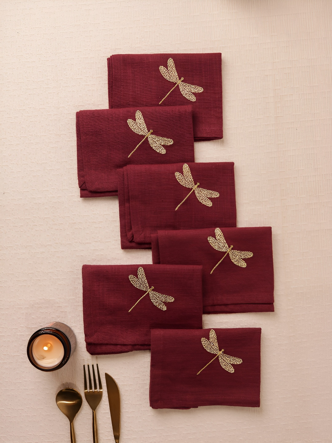 Glimpse Homes Burgundy Dragonfly 6 Pieces Embroidered Cotton Table Napkins