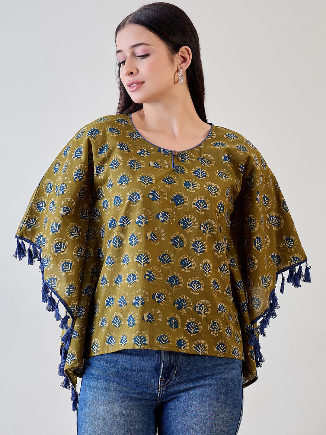 The Kaftan Company Print Kimono Sleeve Fringed Cotton Kaftan Top