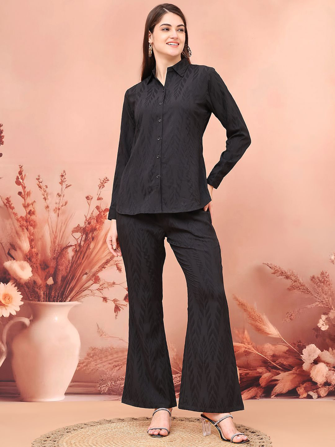 Claura Black Self Design Long Sleeves Shirt With Trousers