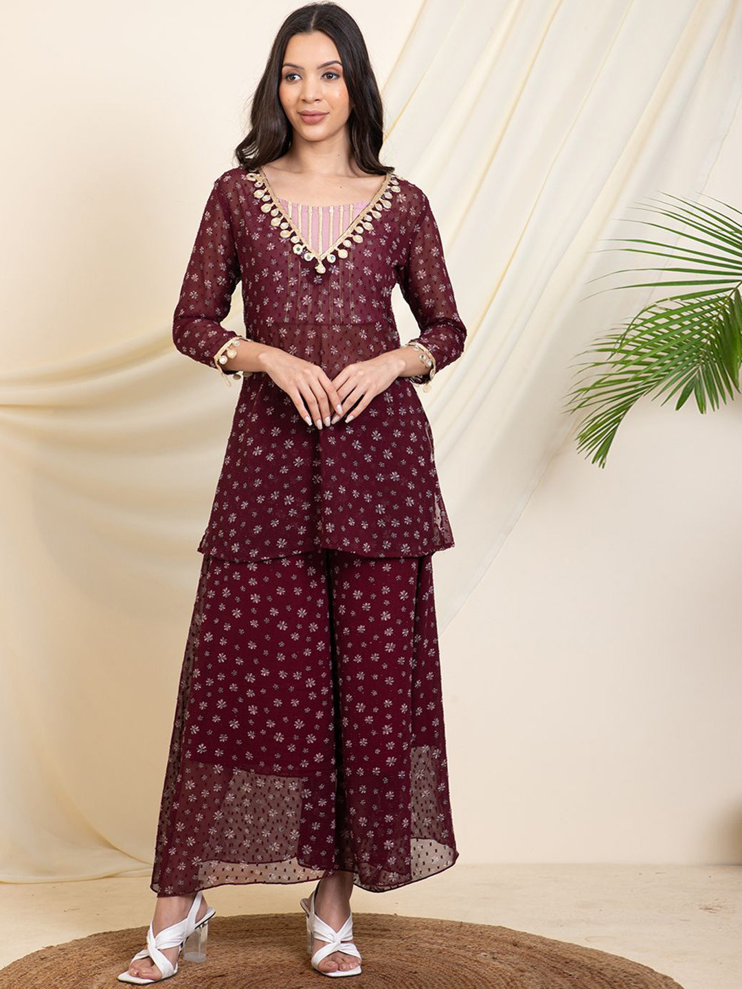 DEEBACO V-Neck Printed Tunic and Top With Palazzo