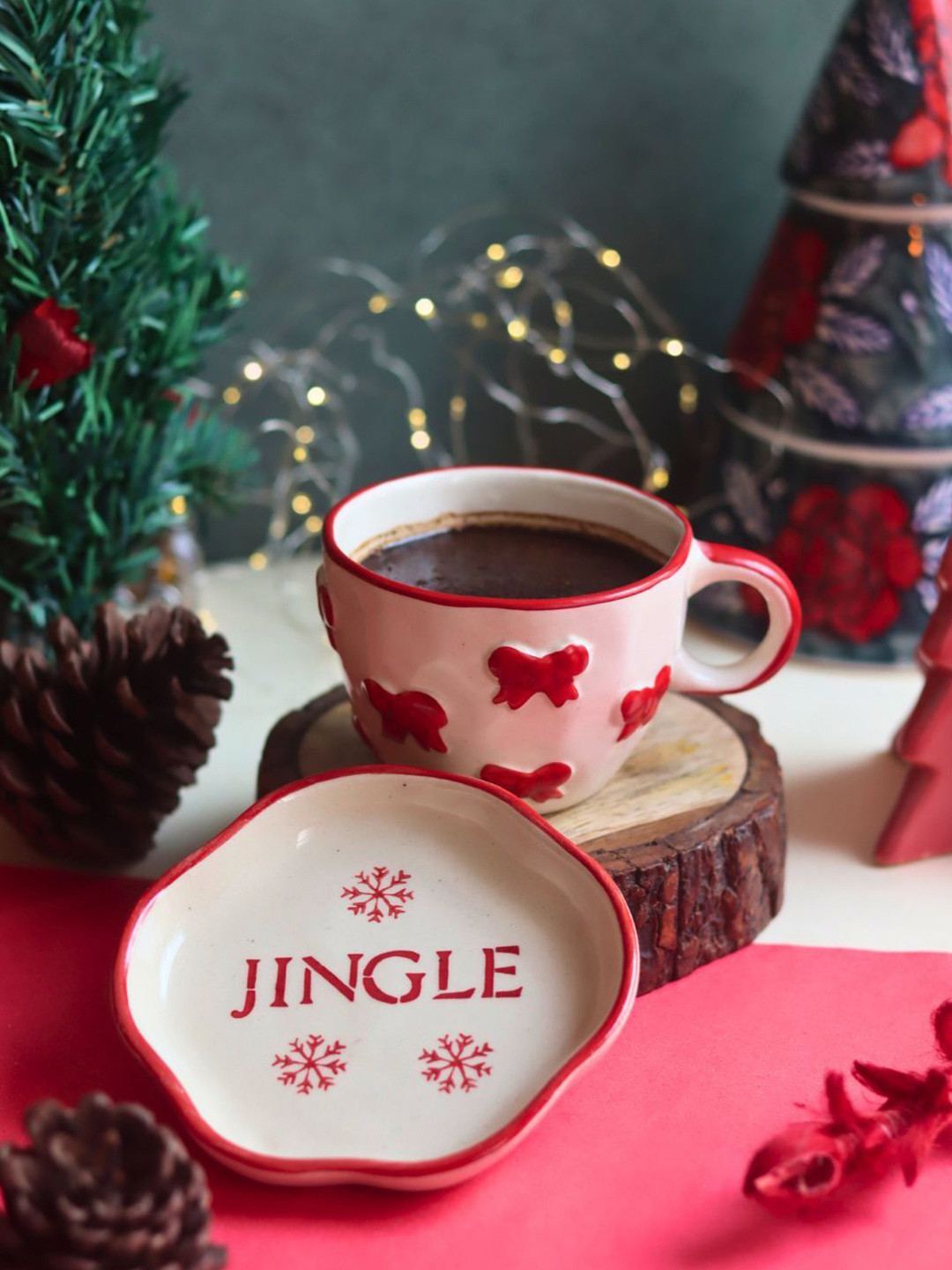 WEAVING HOMES Adrak Wali Chai One True Love Red Conversational Ceramic Handmade Mug with Dessert Plate-220ml