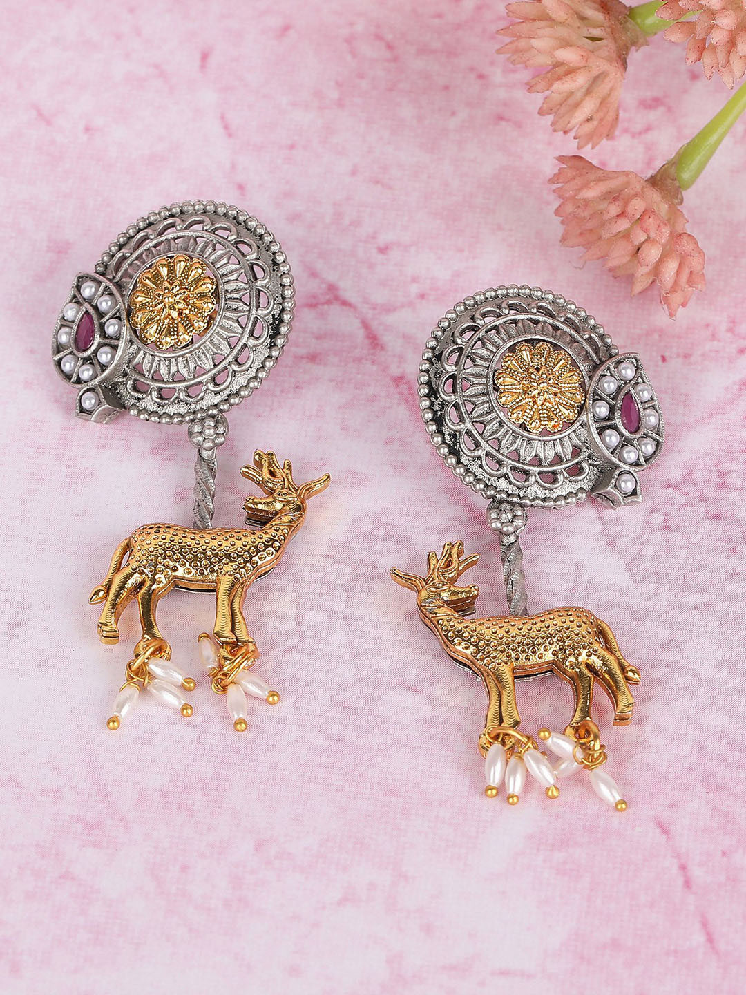Sangria Stone-Studded & Beaded Deer Shaped Drop Earrings