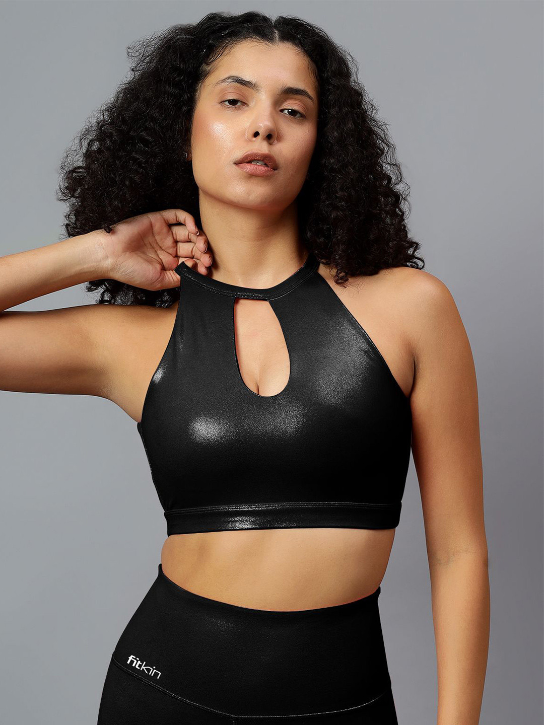 Fitkin Luxe  Womens Black Shine On Halter Style Sports Bra
