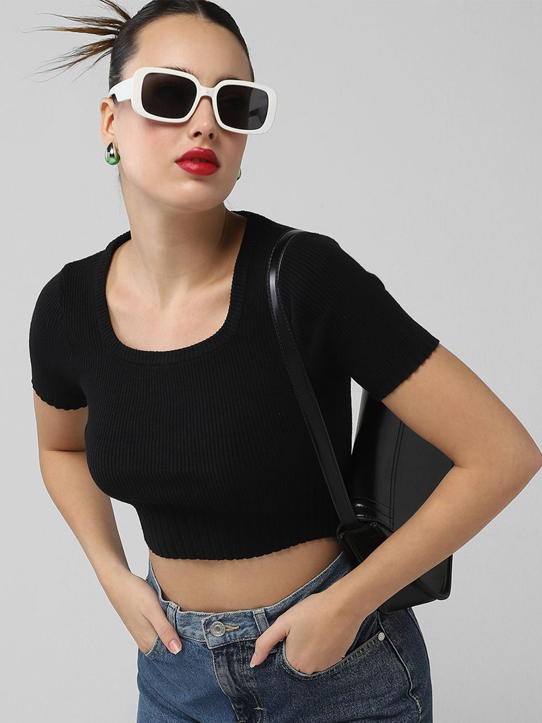 SHOWOFF Women Square Neck Ribbed Top