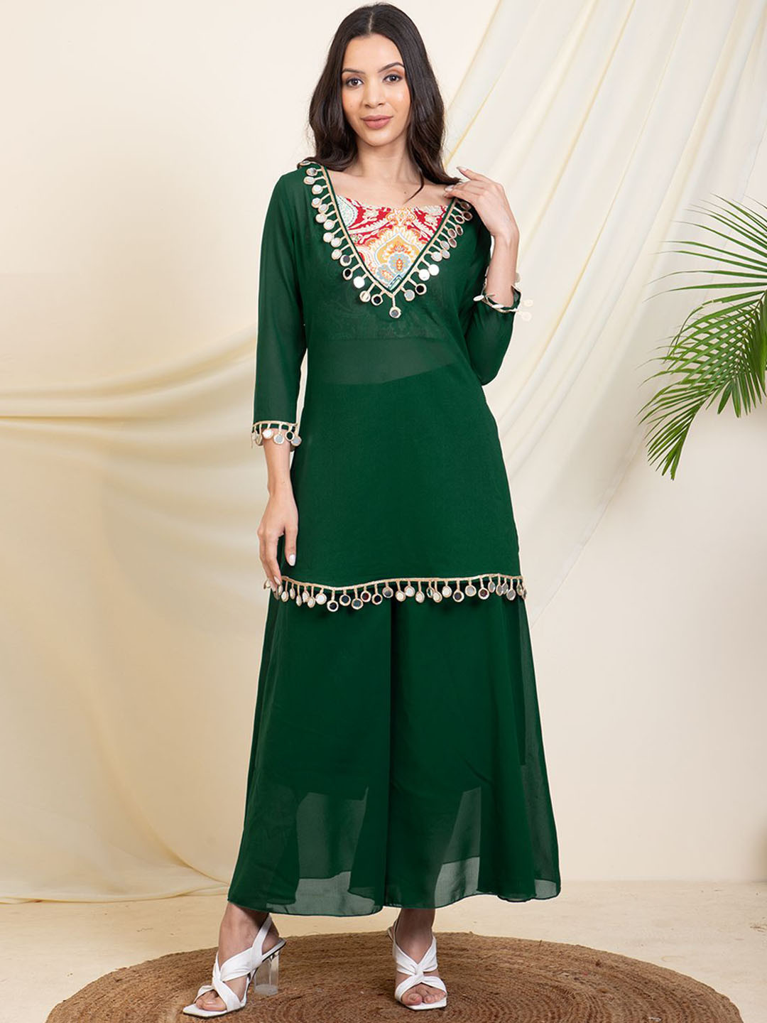 DEEBACO Printed Sleeveless Top & Tunic With Palazoo