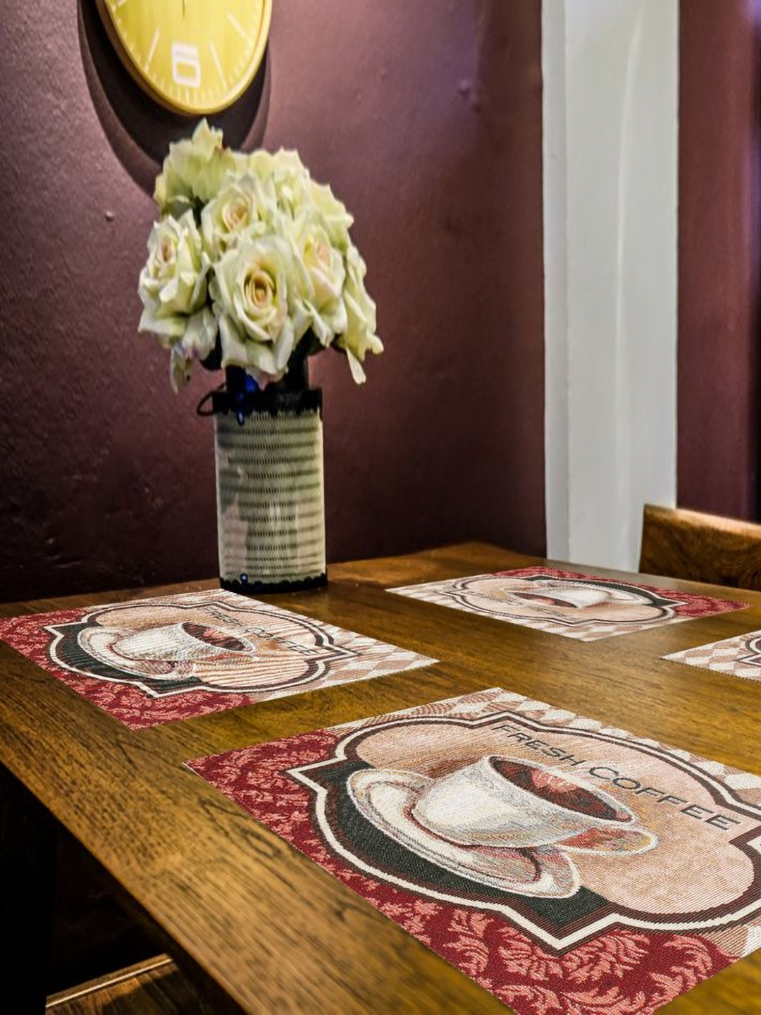 PRAKARTIK Set of 4 Brown & Cream Colored Fresh Coffee Printed Christmas Cotton Dining Table Placemats