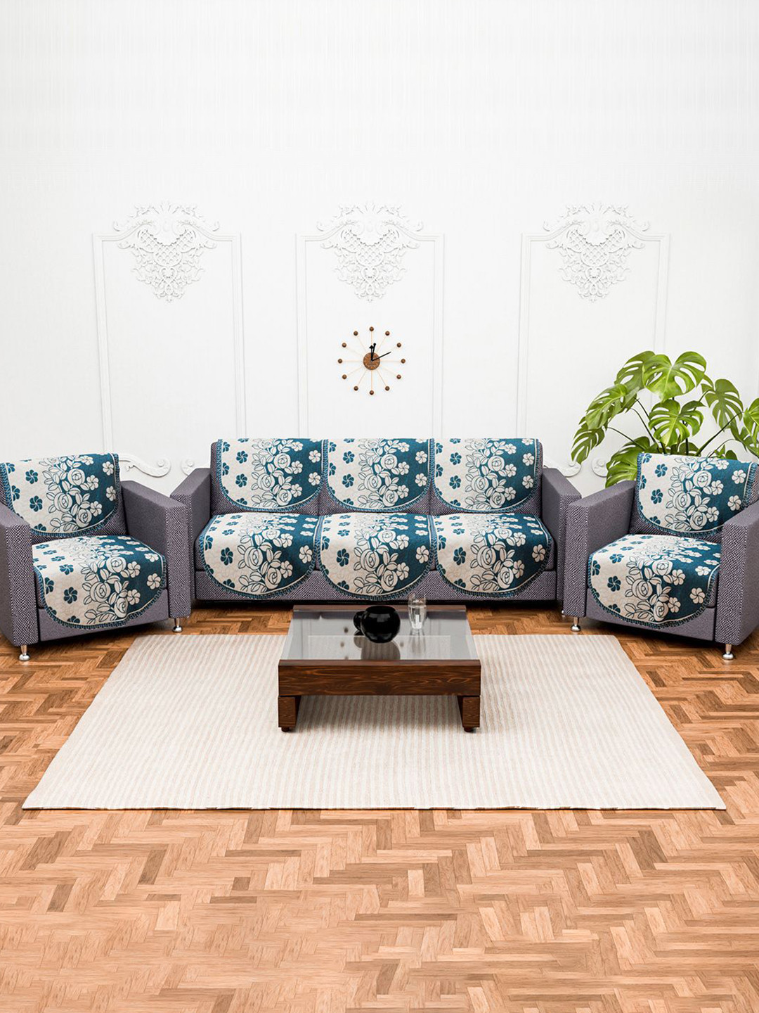 Kuber Industries Set of 10 Cream-Coloured & Green Velvet Sofa Cover