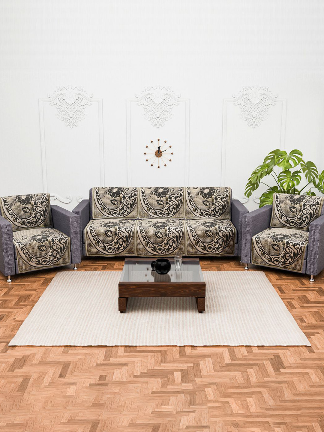 Kuber Industries Set of 10 Brown & Gold-Toned Velvet Sofa Cover