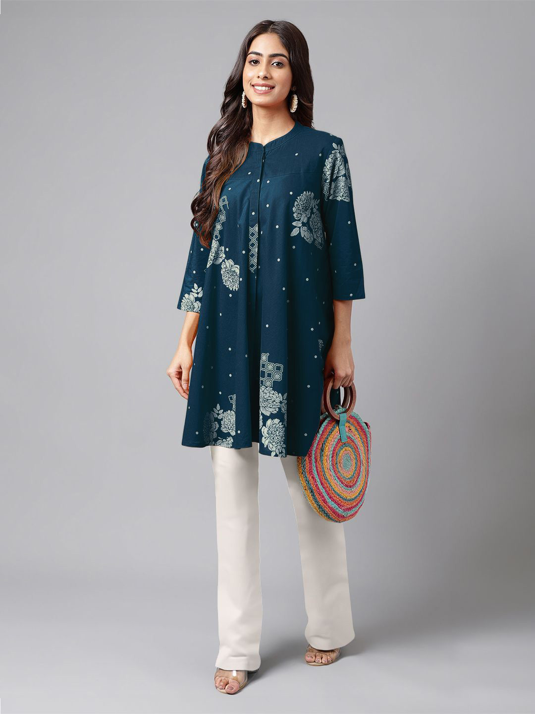 Janasya Women's Teal Blue Pure Cotton Floral Printed Flared Tunic
