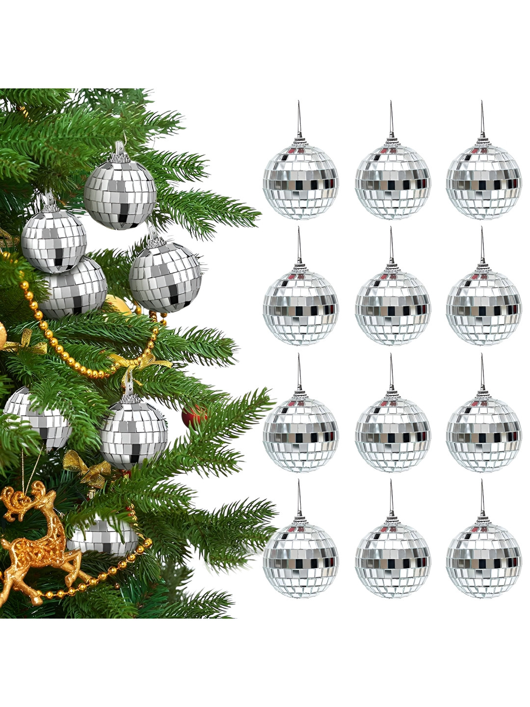 Ascension 12-Pcs Silver Textured Hanging Disco Balls Tree Ornaments Xmas Festive Decor