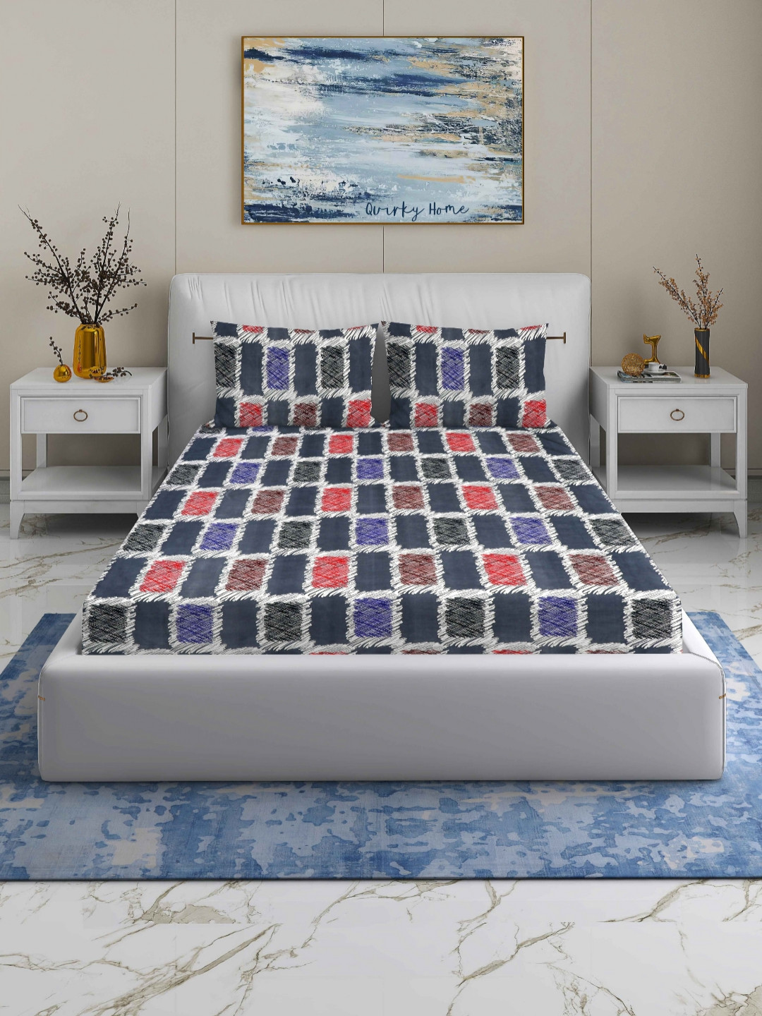 Quirky Home Grey Melange Geometric Microfiber 180 TC Fitted Queen Fine Bedsheet with 2 Pillow Covers-90 x 100 inches