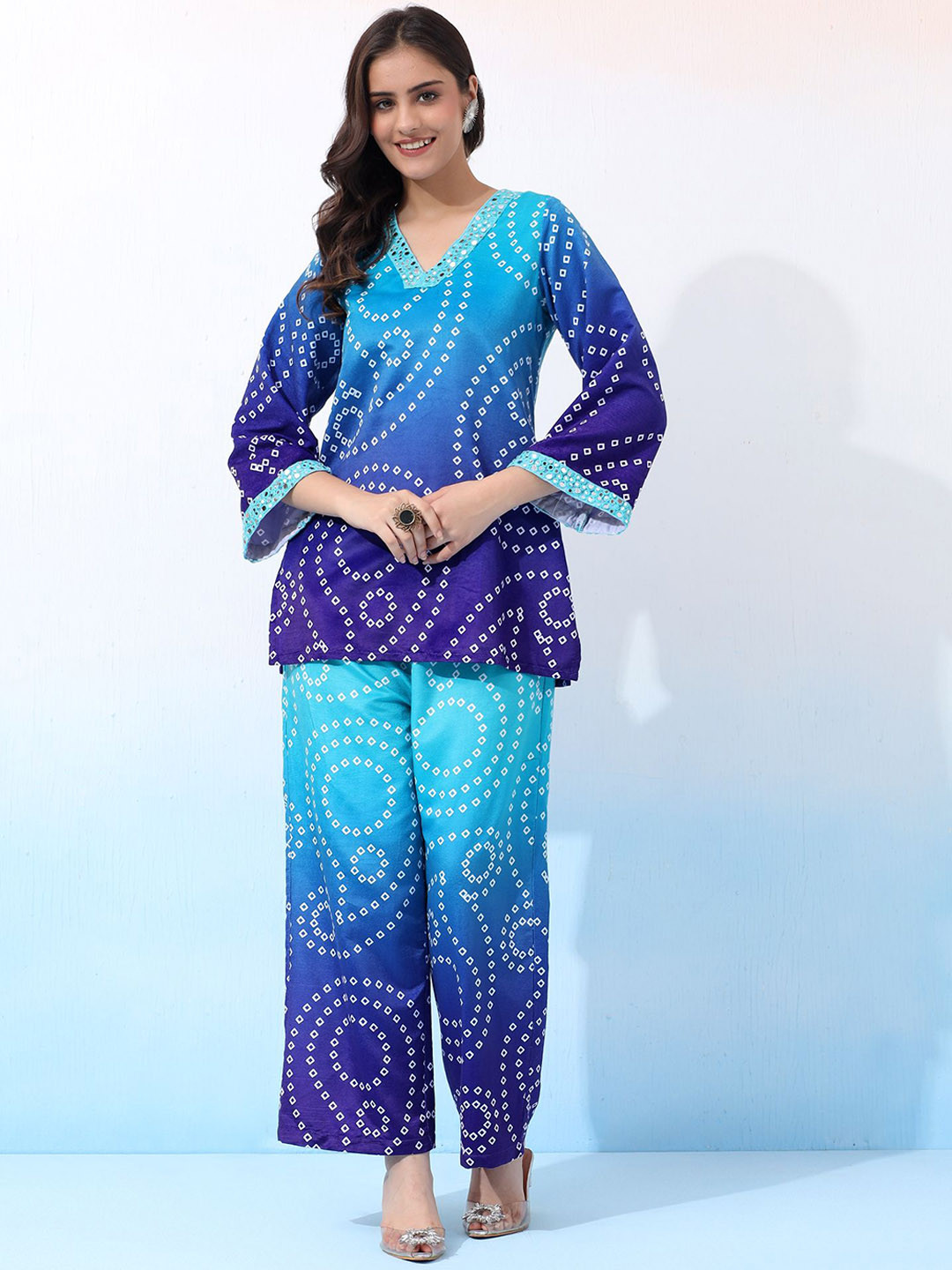 Bani Winter V-Neck Printed Velvet Tunic With Palazzo