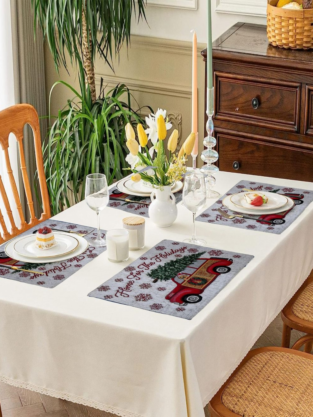 PRAKARTIK Set of 4 White & Red Printed Christmas Cotton Dining Table Placemats
