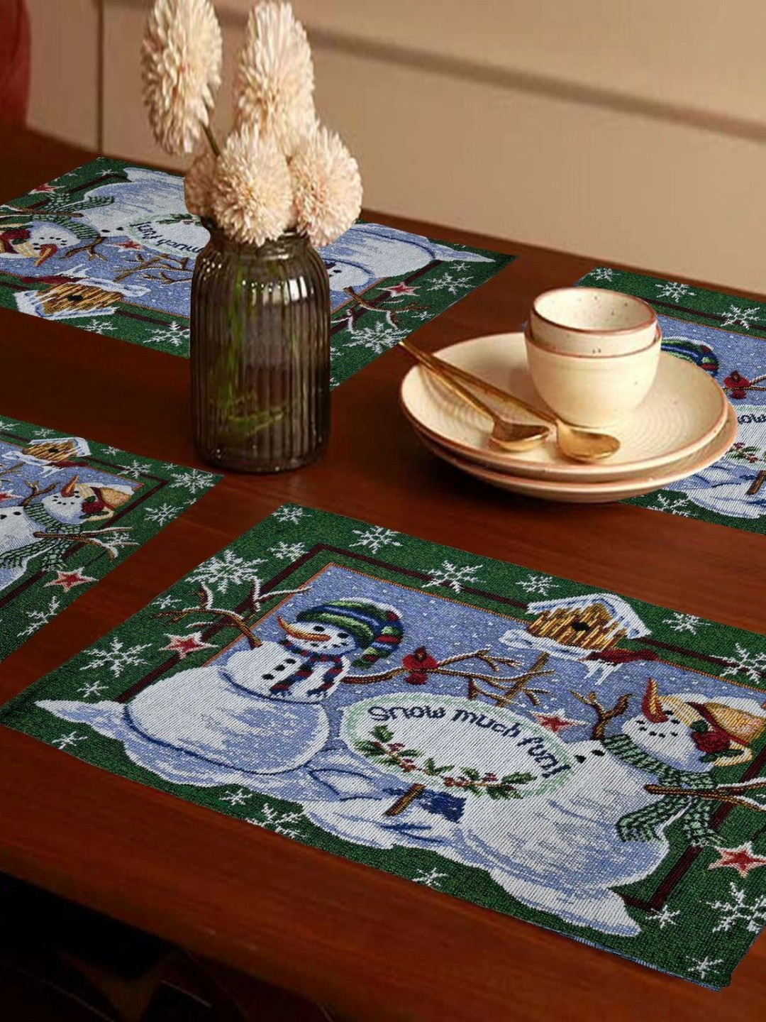 PRAKARTIK Set of 4 Green & White Printed Christmas Cotton Dining Table Placemats