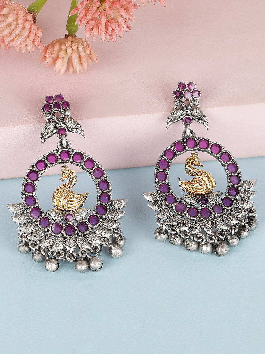 Sangria Stone-Studded Swan Design Drop Earrings