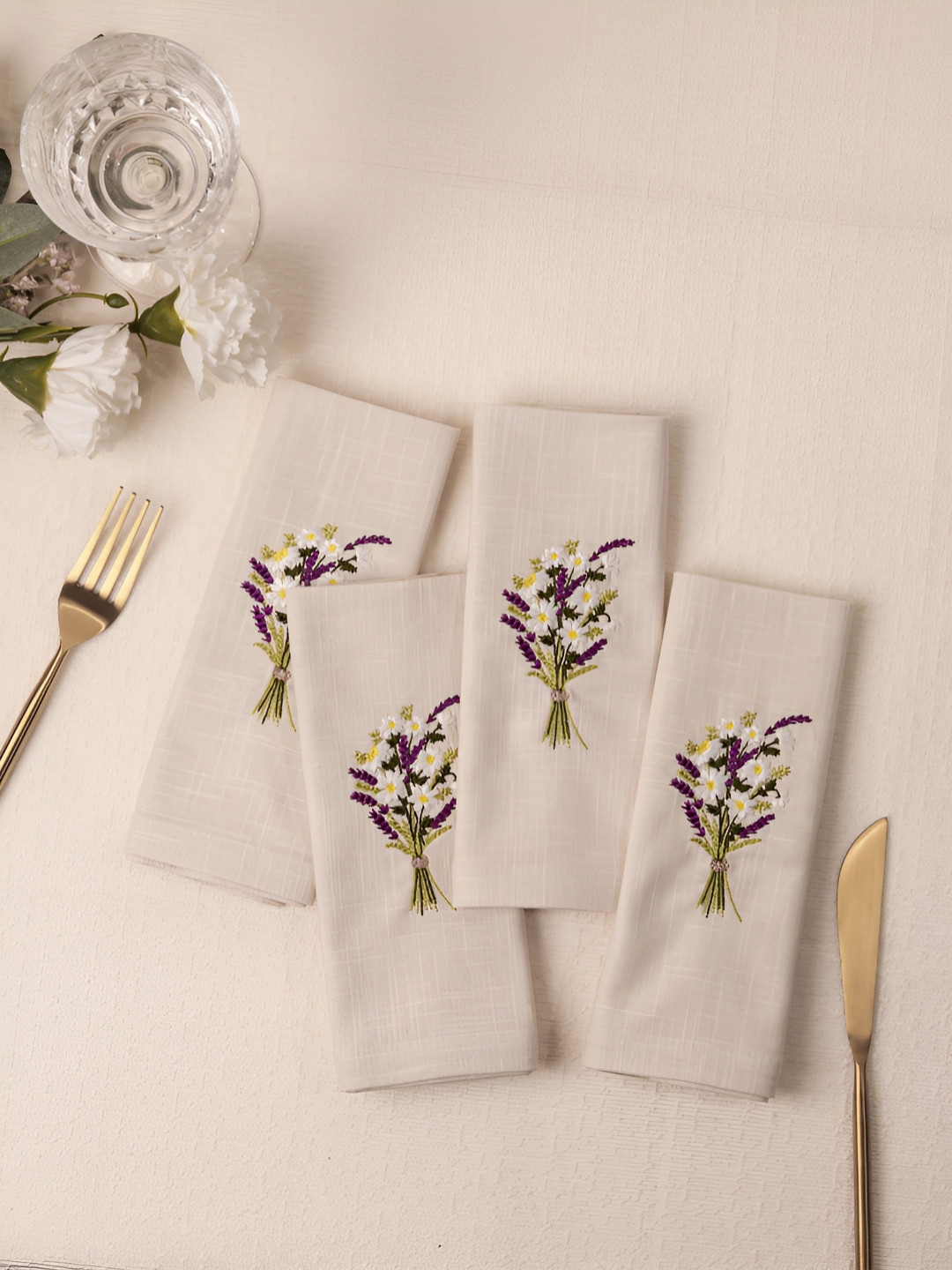 Glimpse Homes Lavender Bliss Beige 4 Pieces Embroidered Cotton Table Napkins
