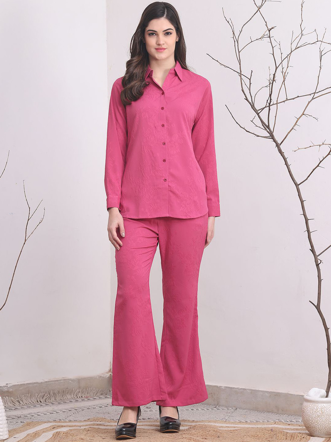 Claura Pink Shirt Collar & Trousers Co-Ord Set