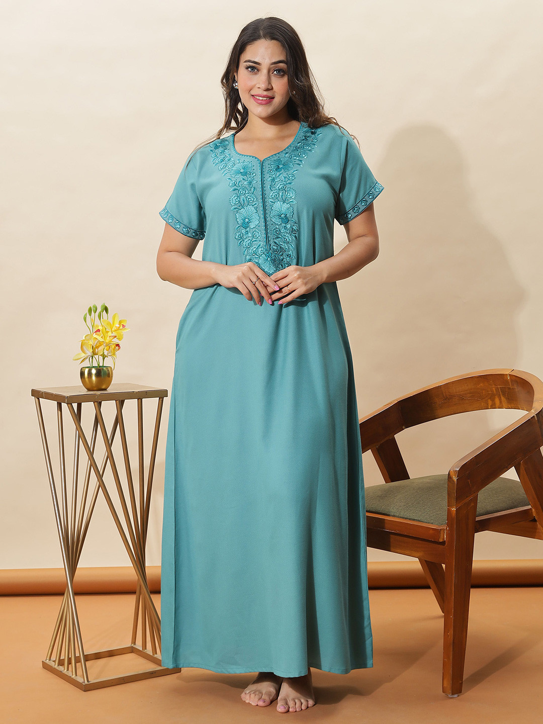 9shines Label Sea Green Embroidered Plain Nightdress