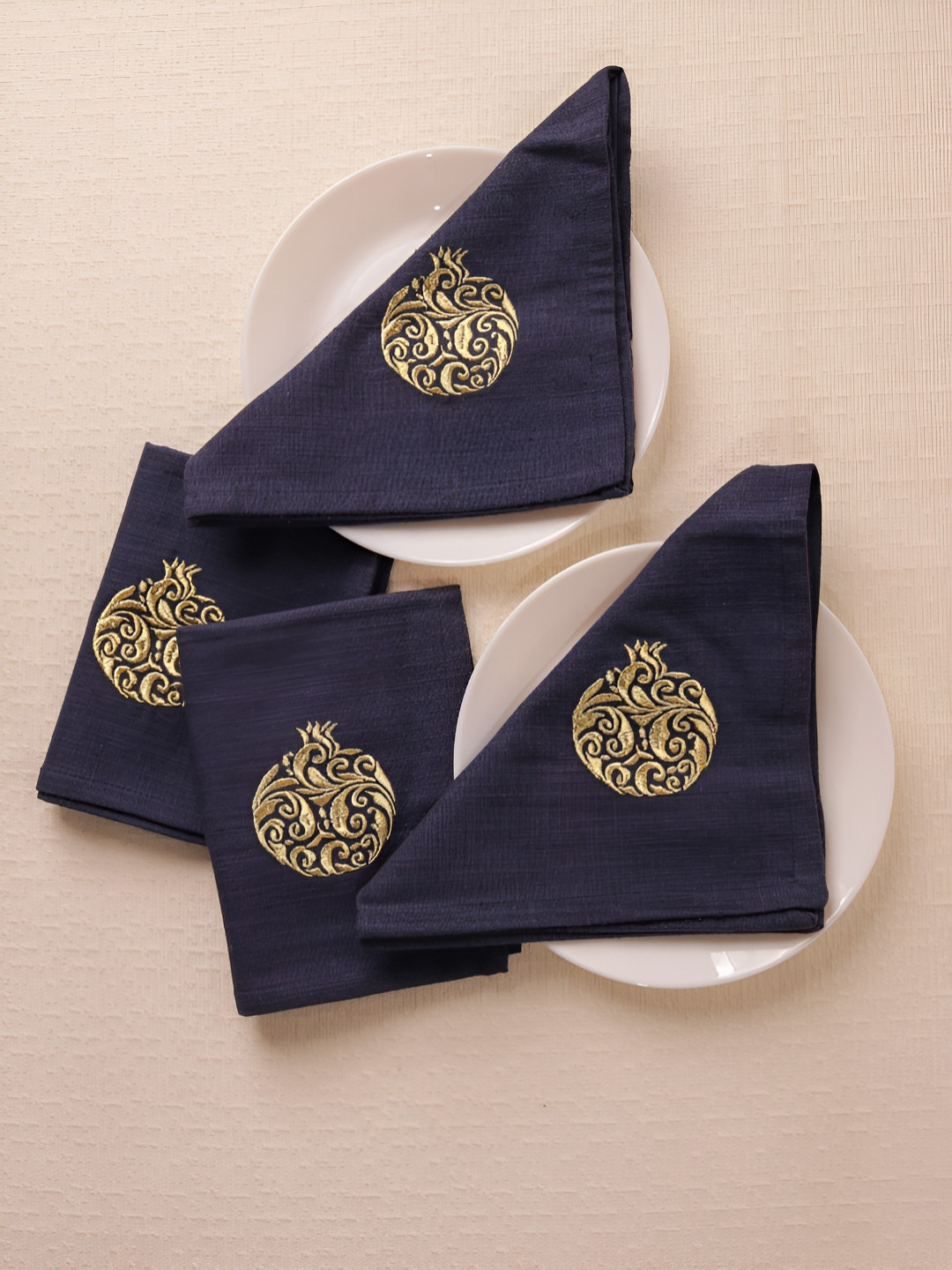 Glimpse Homes Regal Pomegranate Navy Blue 4 Pieces Embroidered Cotton Table Napkins
