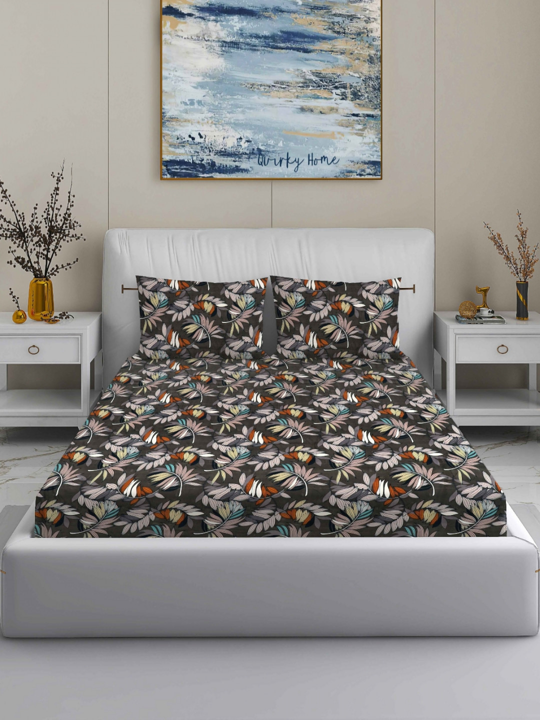 Quirky Home Cashm Black Floral Microfiber 180 TC Queen Fine Bedsheet with 2 Pillow Covers-90 x 100 inches