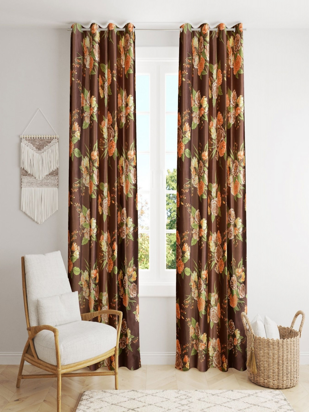 Aura Coffee Brown & Green Set of 2 Floral Room Darkening Door Curtain