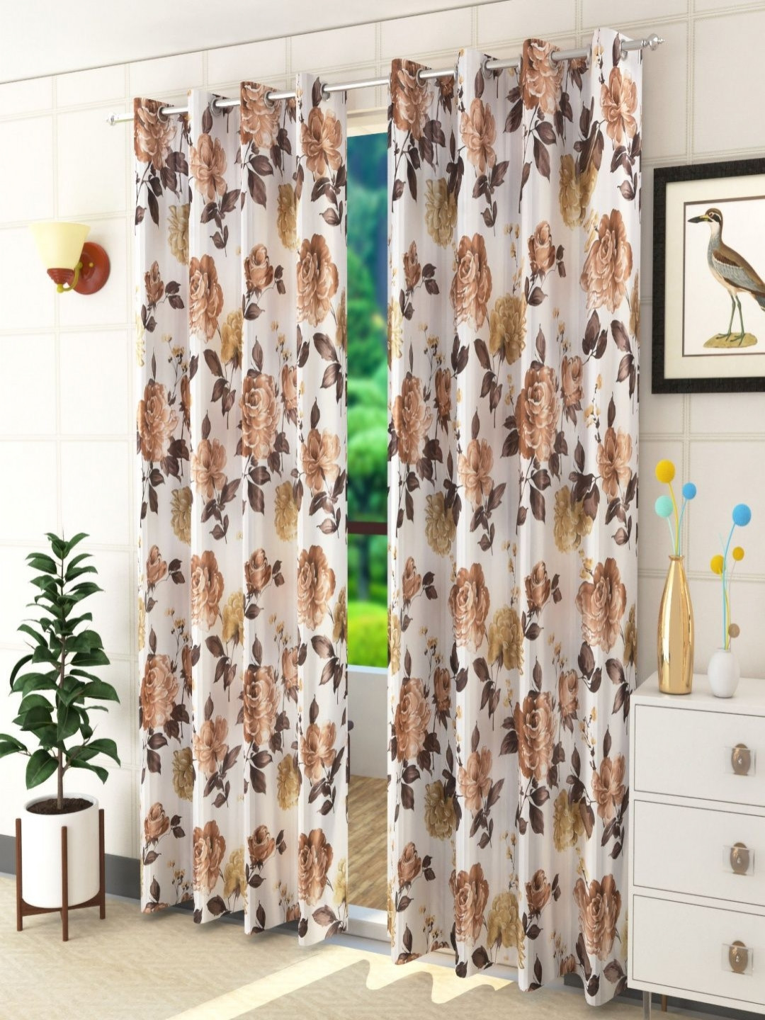 Aura Brown & White Set of 2 Floral Room Darkening Door Curtain