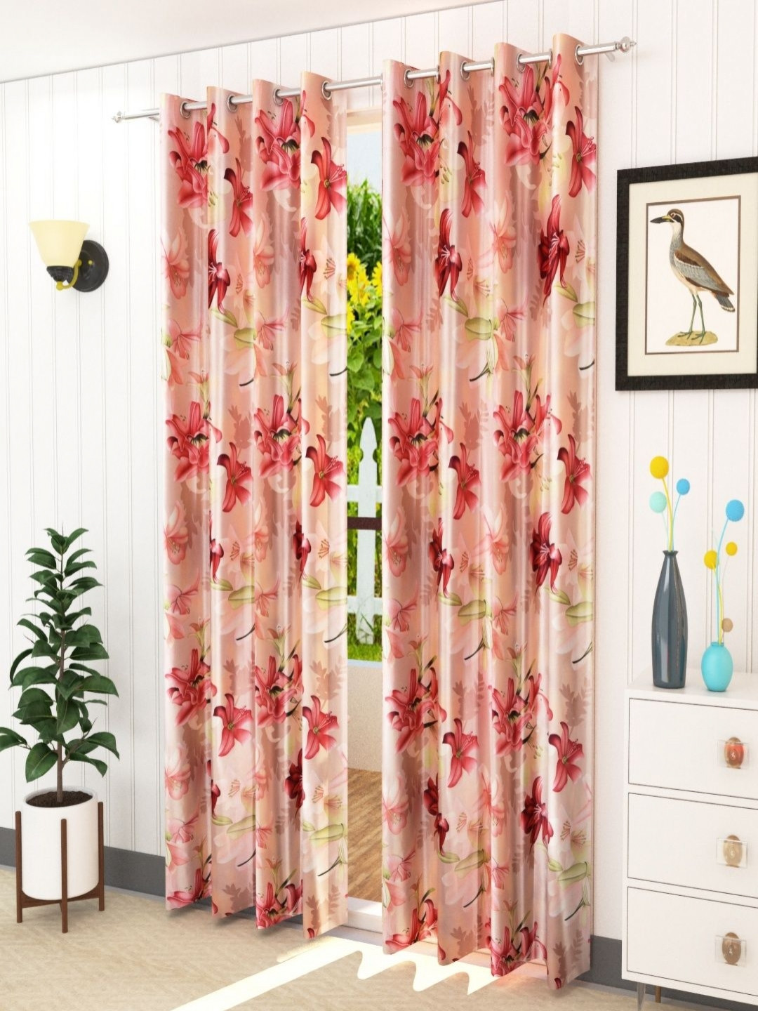 Aura Maroon & Green Set of 2 Floral Room Darkening Long Door Curtain