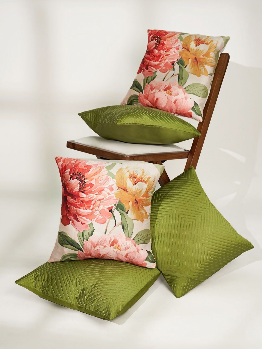 Living scapes by Pantaloons Green & Pink Set of 5 Floral Square Cushion Covers