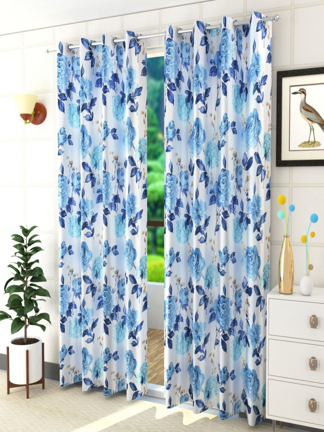 Aura Blue & White Set of 2 Floral Room Darkening Door Curtain