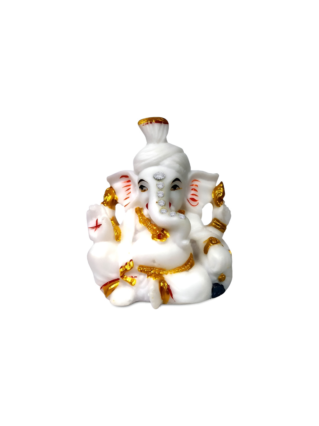 Adhvik Pagadi Ganesha Sitting with Four Hands White Marble Glossy Living Room Small Showpiece - 3.3 Inches