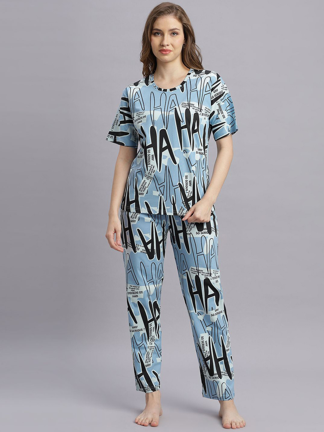 DZZO Women Typography Printed Pure Cotton Night suit