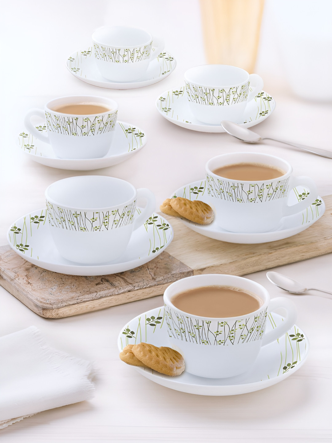 Larah by BOROSIL 12 Pcs White & Green Printed Opalware Tea Set - 140 ml