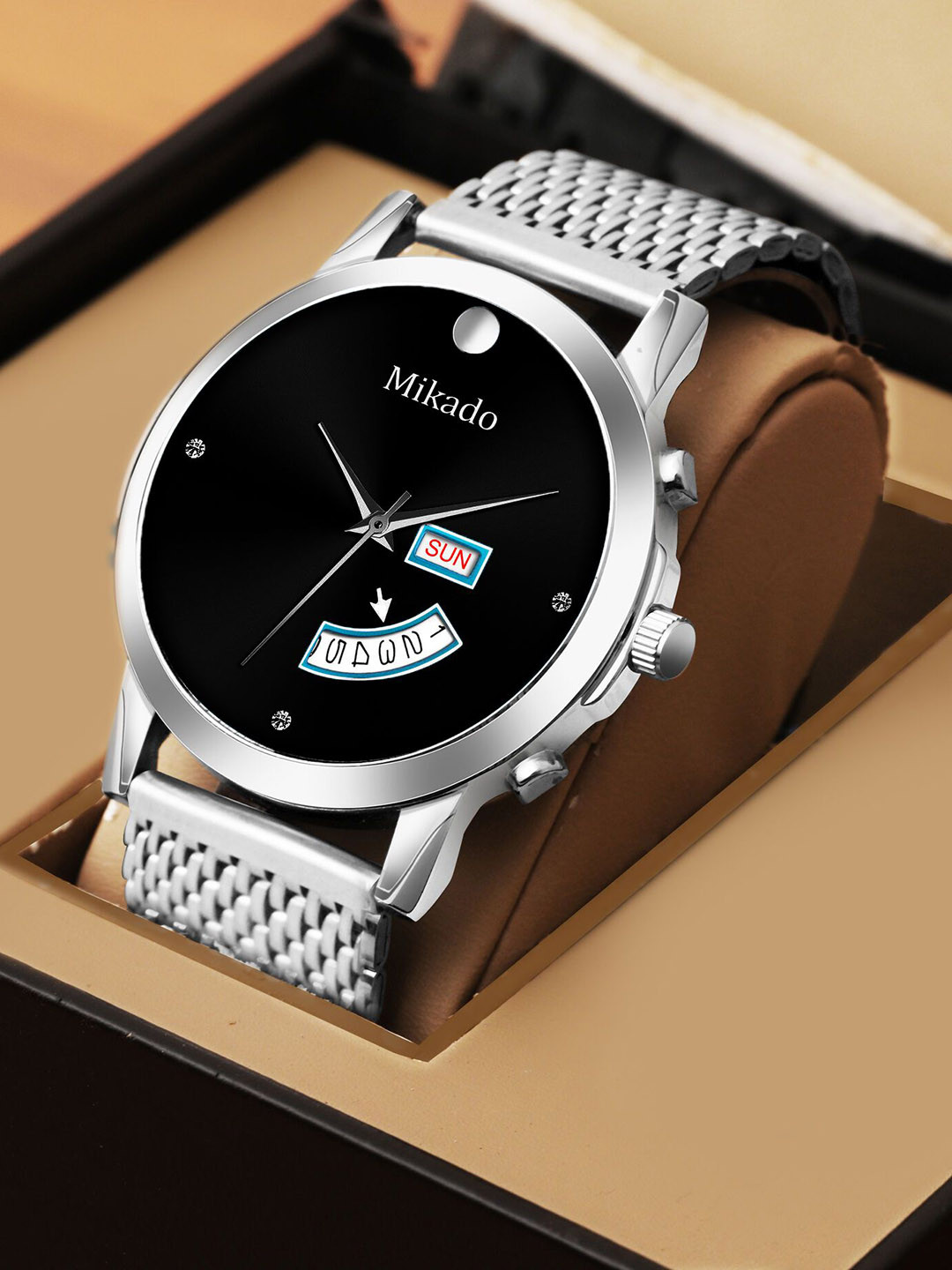 Mikado Men Embellished Dial & Bracelet Style Straps Analogue Watch Black vian