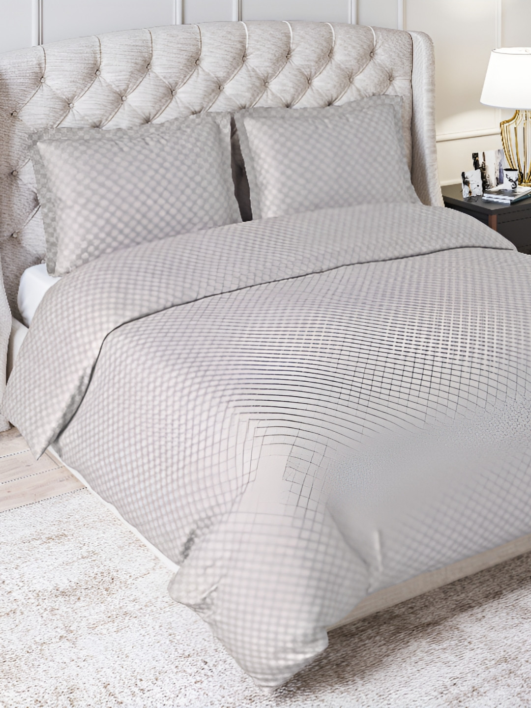 Trance Home Linen 300TC Checks Zippered Queen Rajai Cover/Blanket Cover with 2 Pillow Covers