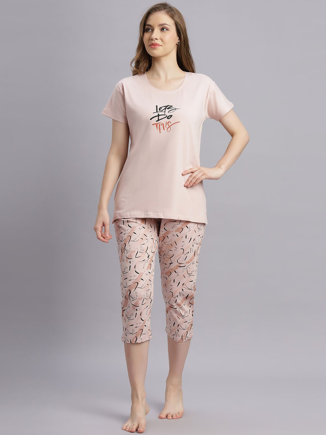 DZZO Women Pure Cotton Printed T-shirt and Capri Night suit