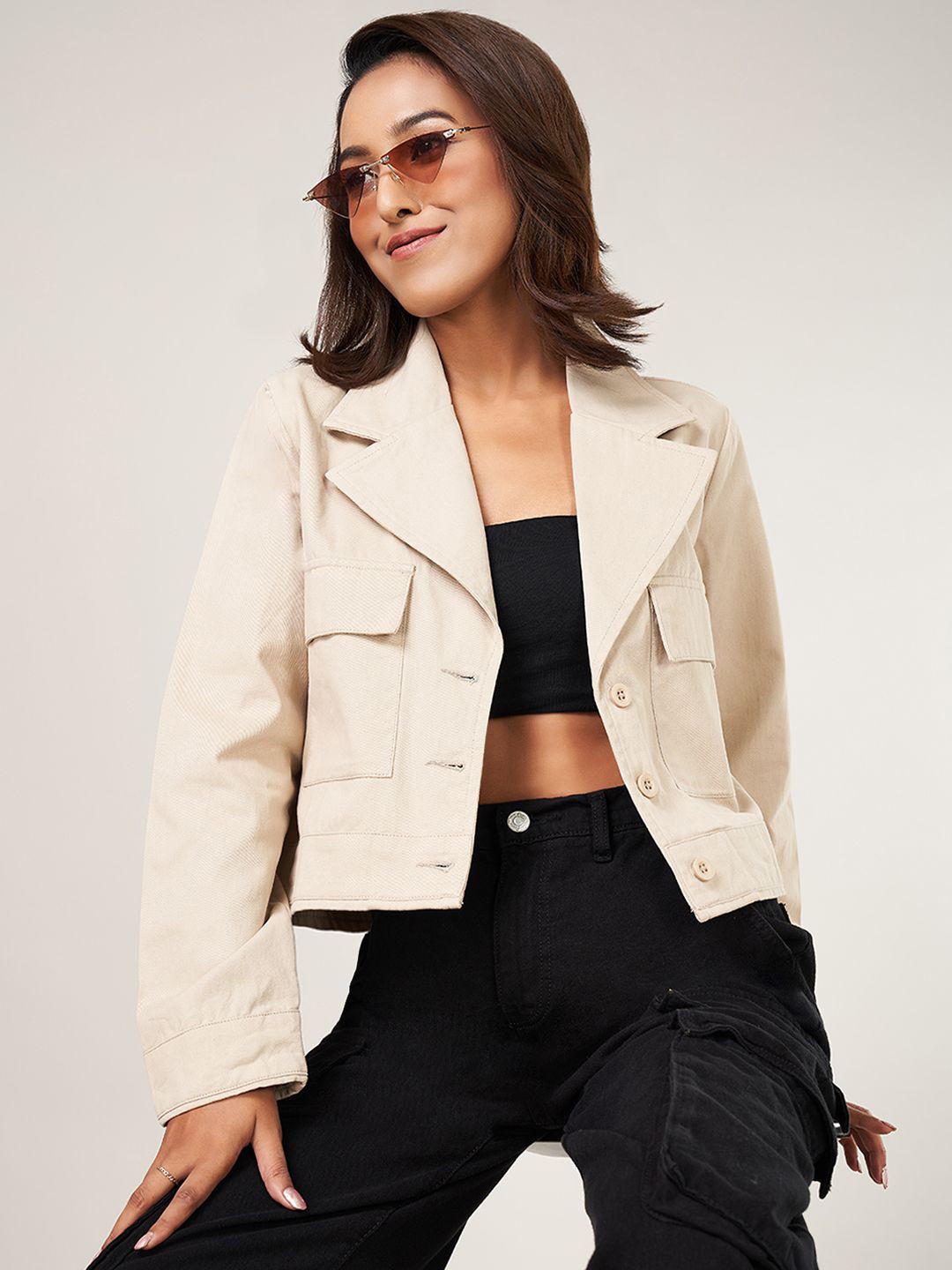 People Women Boxy Windowpane Checks Opaque Casual Shirt