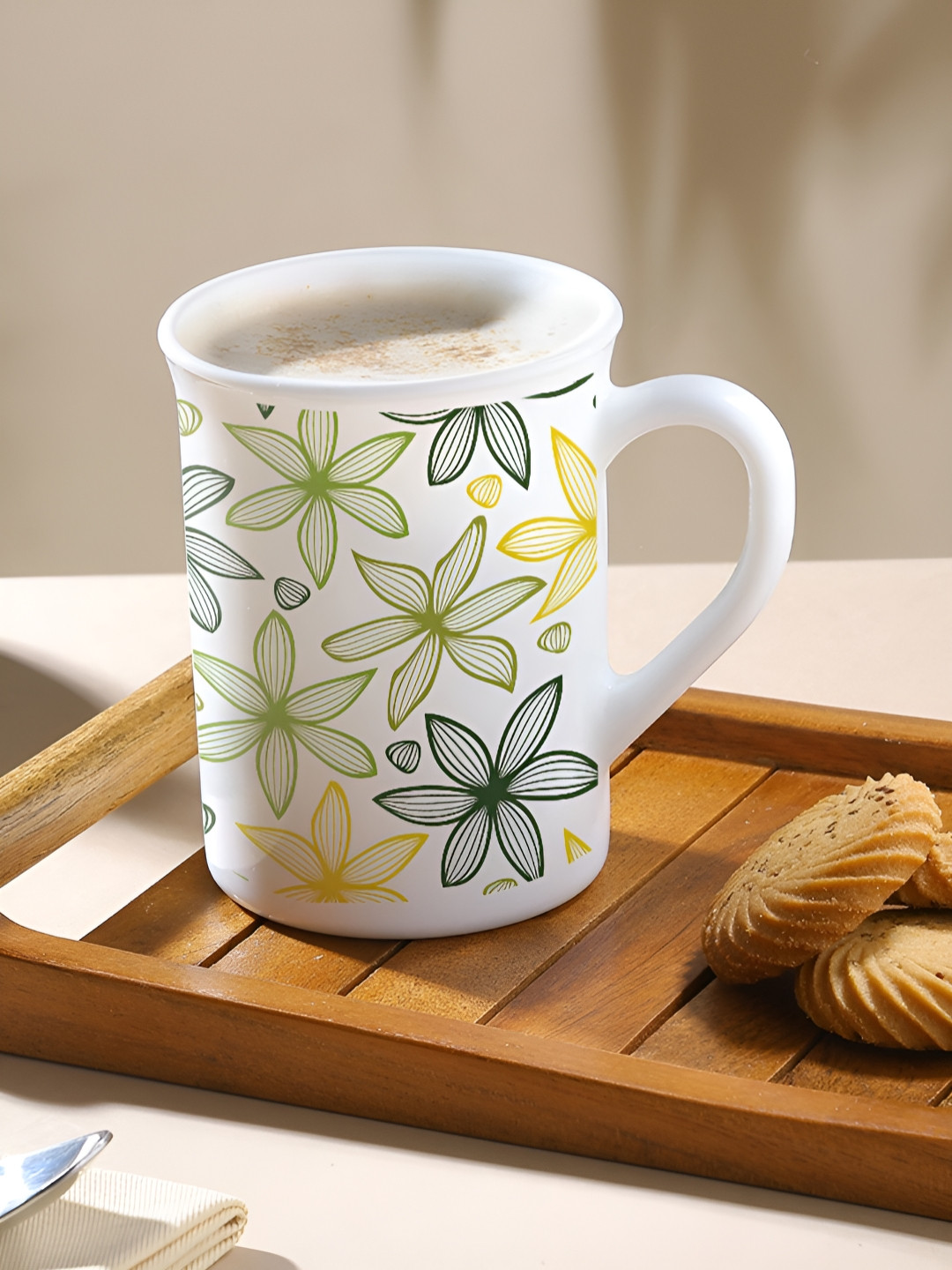 Larah by BOROSIL White & Green Floral Printed Opalware Matte Mugs Set of Cups and Mugs