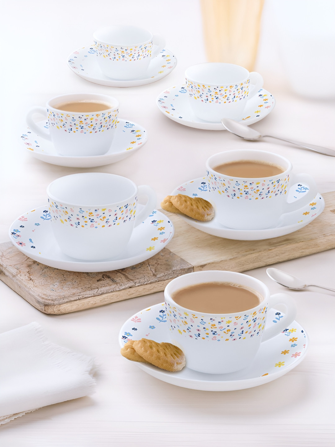 Larah by BOROSIL 12 Pcs White Printed Tea Set