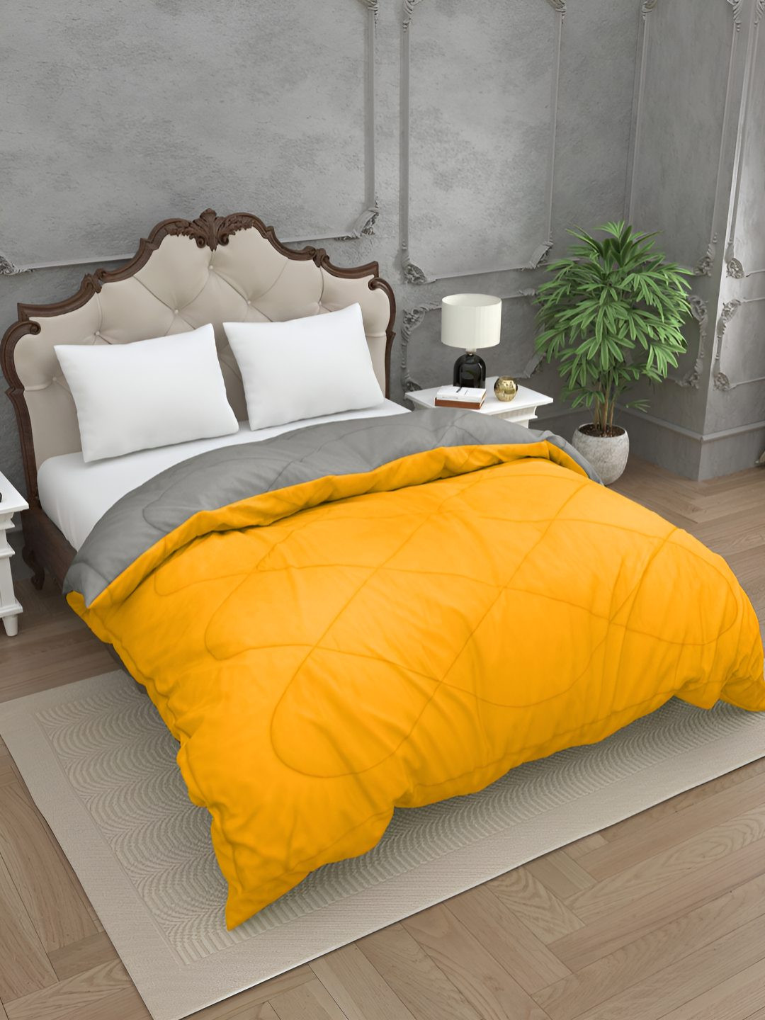 BED-SHEET.COM Yellow & Grey Microfiber Mild Winter 300 GSM Double Bed Comforter
