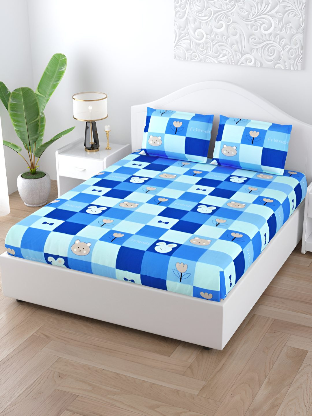 BED-SHEET.COM Dreamland Adventure Blue Geometric Cotton 150 TC King Bedsheet with 2 Pillow Covers-91 x 59 inches