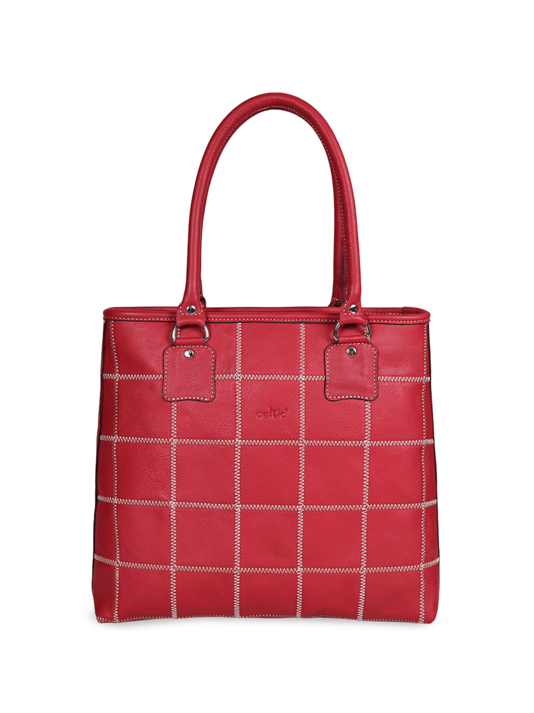 Celtic Red Checked Leather Structured Tote Bag Zip Closure with Tablet Sleeve