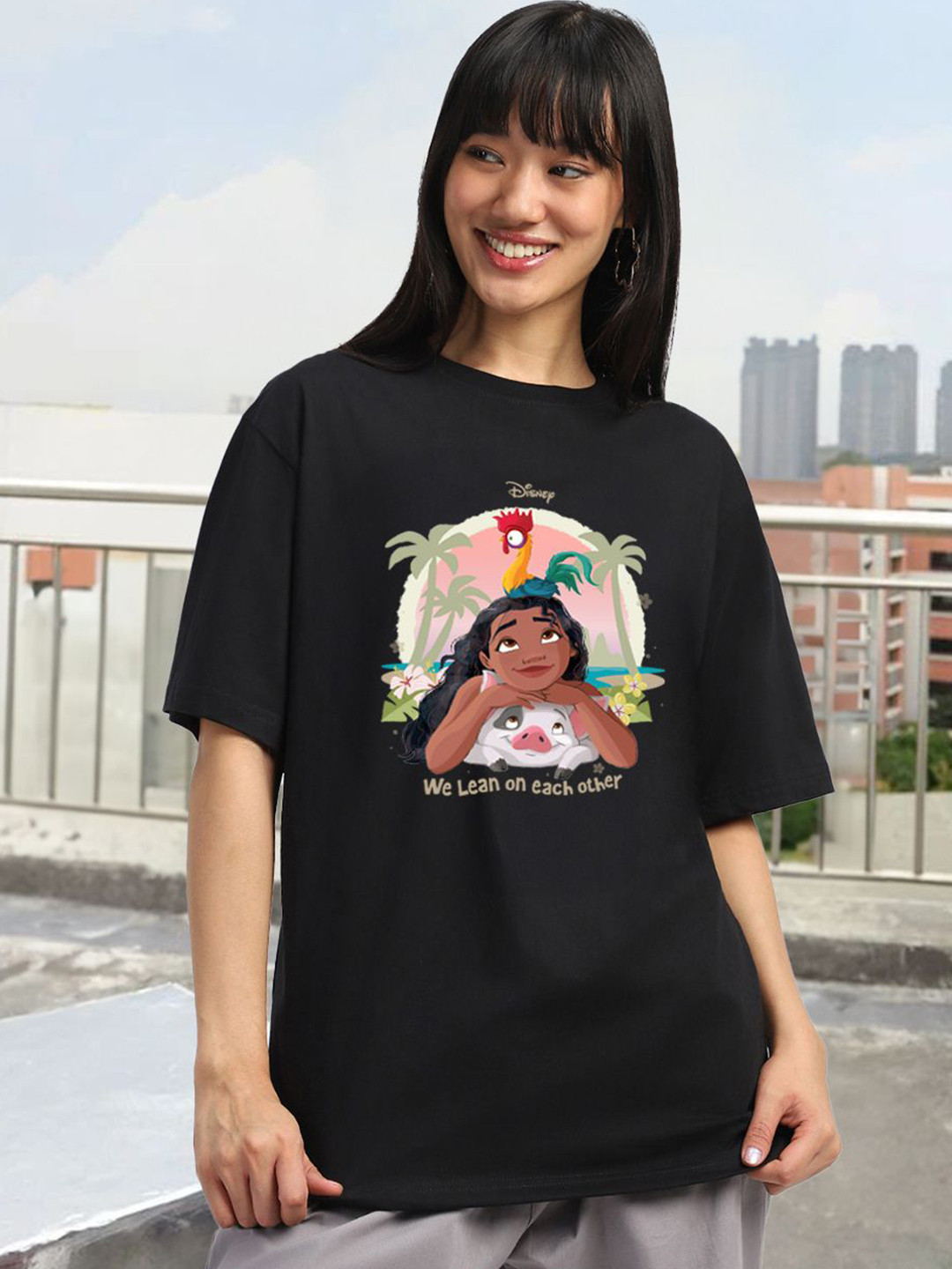 JUNEBERRY Women Disney Moana Black Printed Relaxed Fit Pure Cotton Oversized T-shirt