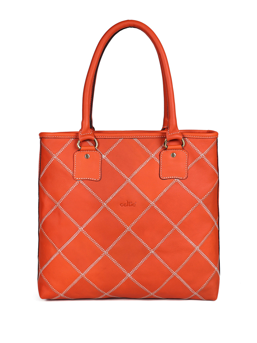 Celtic Checked Leather Shopper Tote Bag Orange