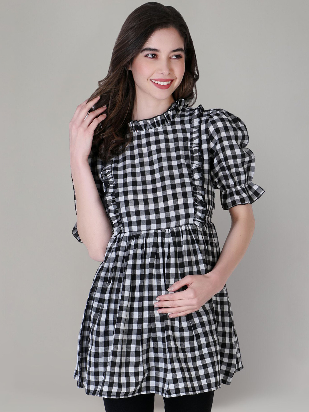 Zuvino Mandarin Collar Puff Sleeve Ruffles Cotton Peplum Longline Top