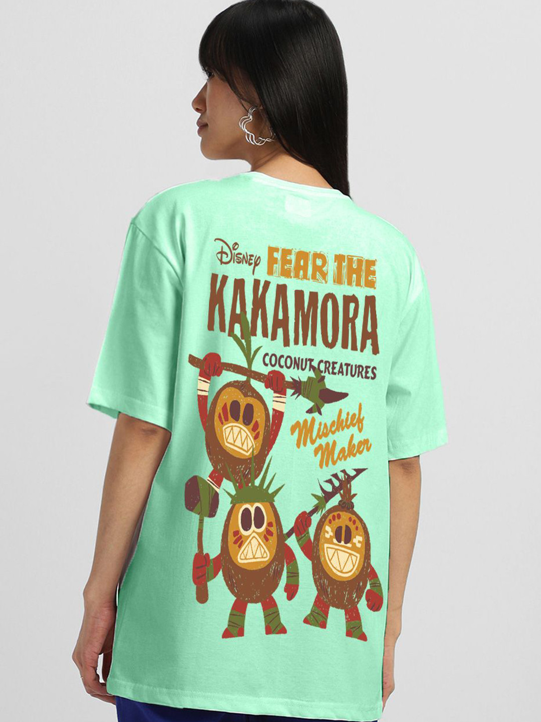 JUNEBERRY Disney Moana Women Green Printed Round Neck Relaxed Fit Oversized T-shirt