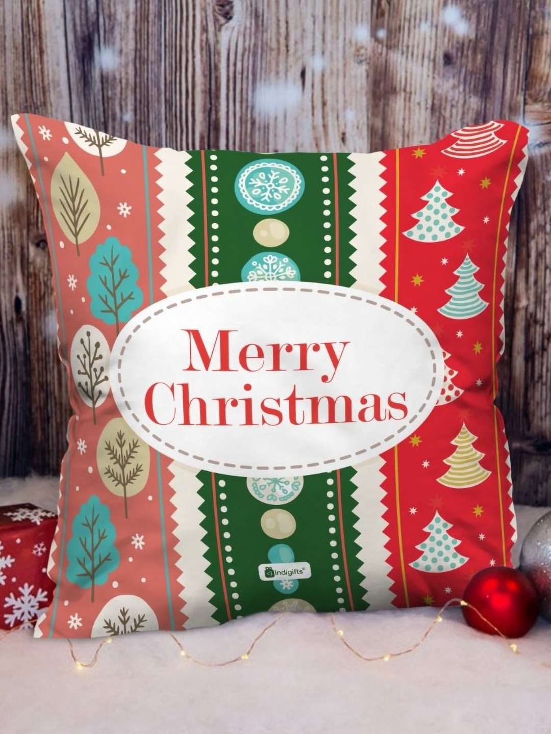 Indigifts Red & Green Printed Square Pre-Filled Cushions With Cover